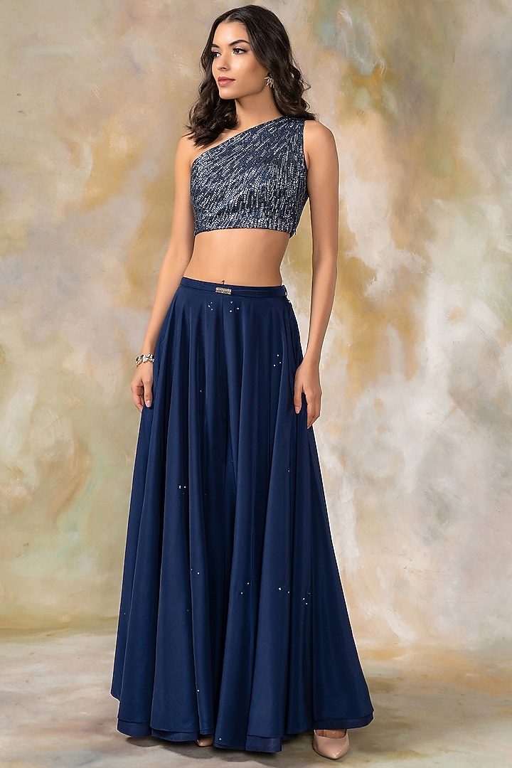 Midnight Blue Hand Embellished Wedding Sharara Set by Pooja Peshoria at Pernia's Pop Up Shop