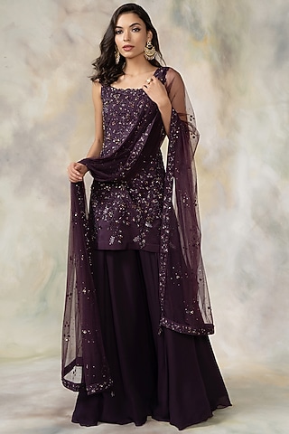 Brinjal Hand Embroidered Sharara Set by Pooja Peshoria