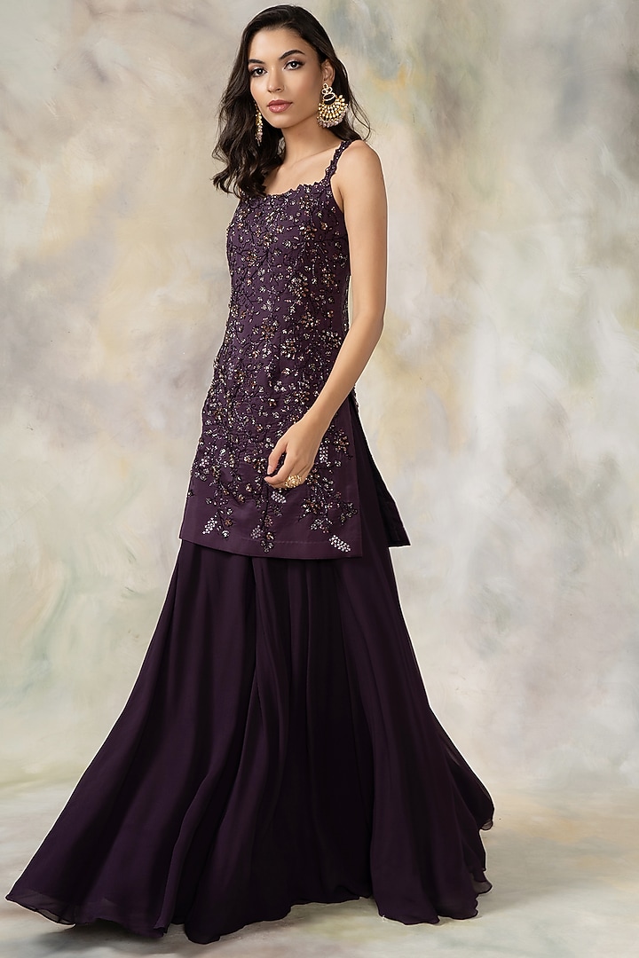 Brinjal Hand Embroidered Bridal Sharara Set by Pooja Peshoria at Pernia's Pop Up Shop