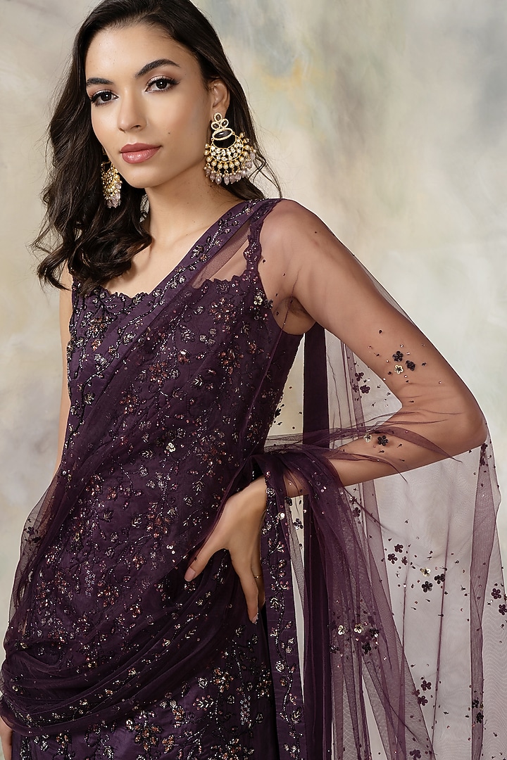 Brinjal Hand Embroidered Bridal Sharara Set by Pooja Peshoria at Pernia's Pop Up Shop