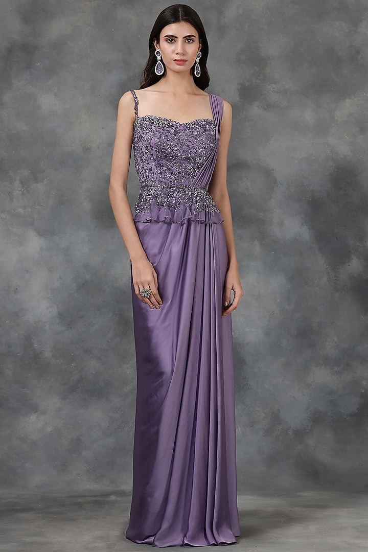 Purple Hand Embroidered Draped Saree Gown by Pooja Peshoria at Pernia's Pop Up Shop