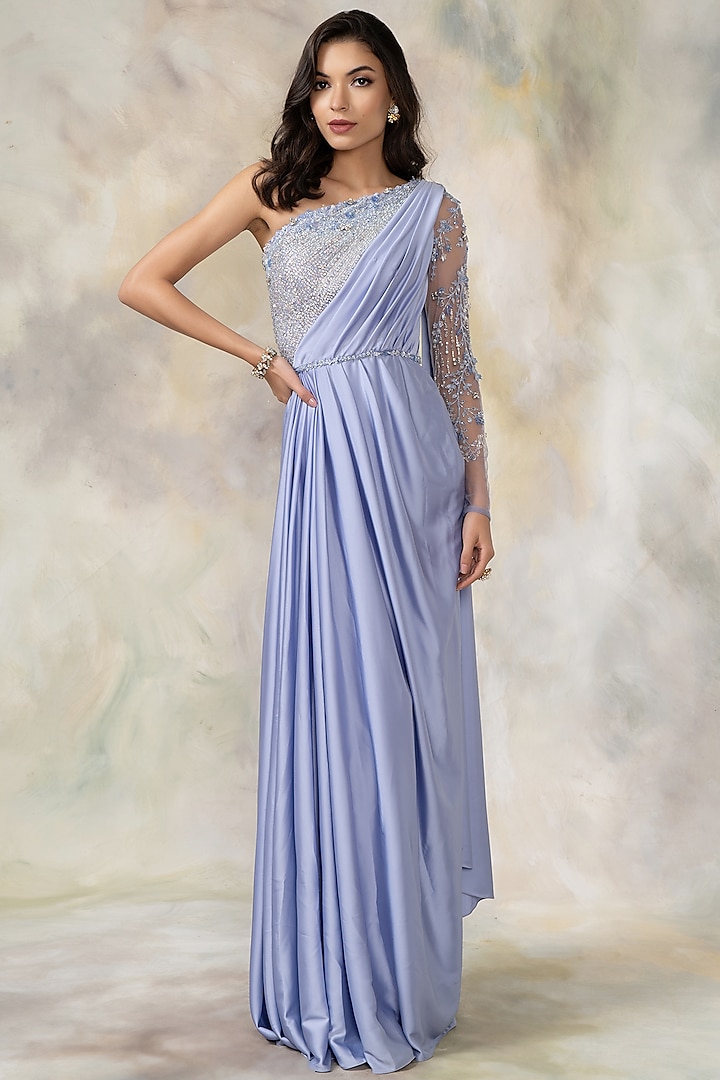 Blue Satin Hand Embroidered Draped Gown by Pooja Peshoria
