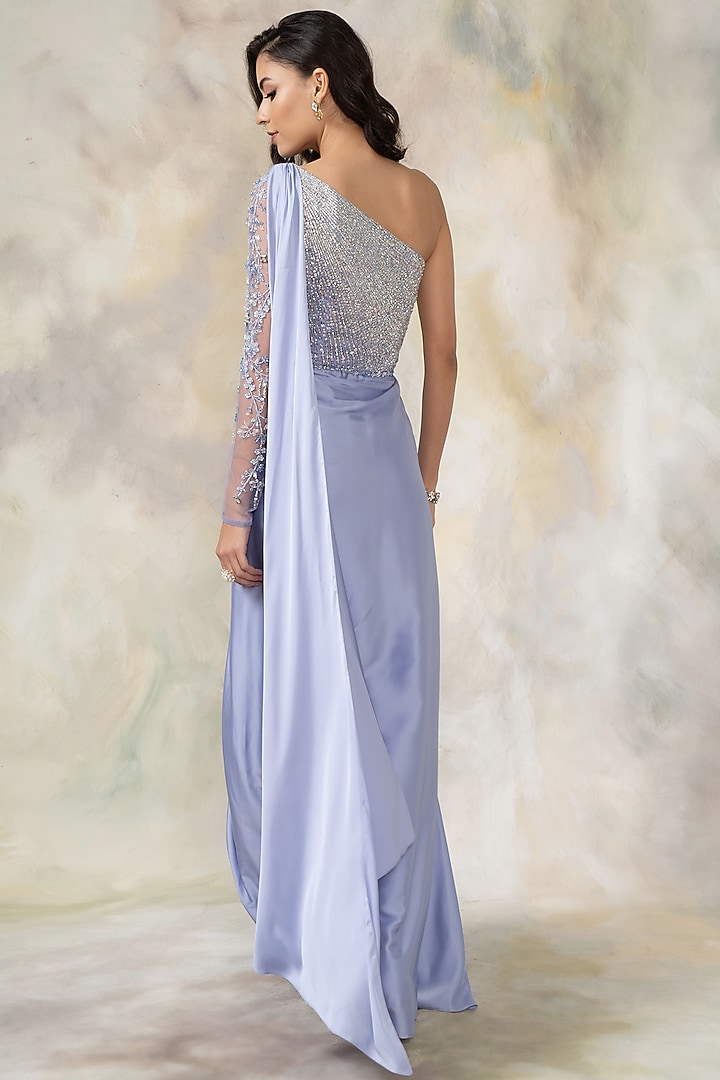Blue Satin Hand Embroidered Draped Engagement Gown by Pooja Peshoria at Pernia's Pop Up Shop