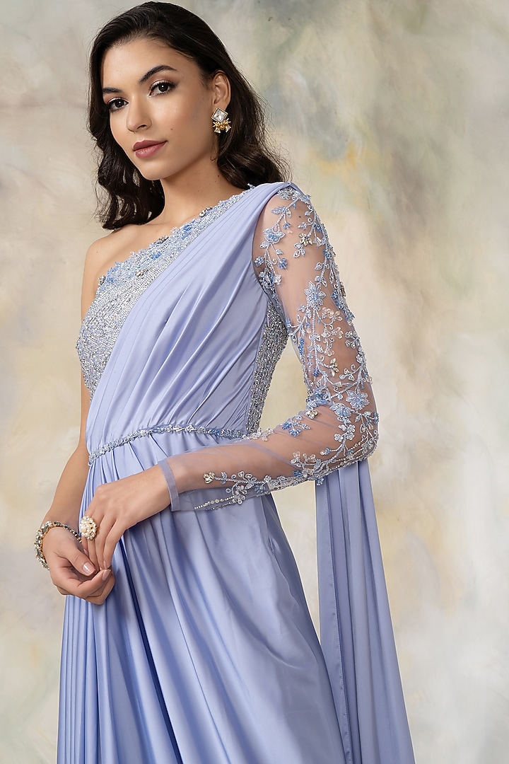 Blue Satin Hand Embroidered Draped Engagement Gown by Pooja Peshoria at Pernia's Pop Up Shop