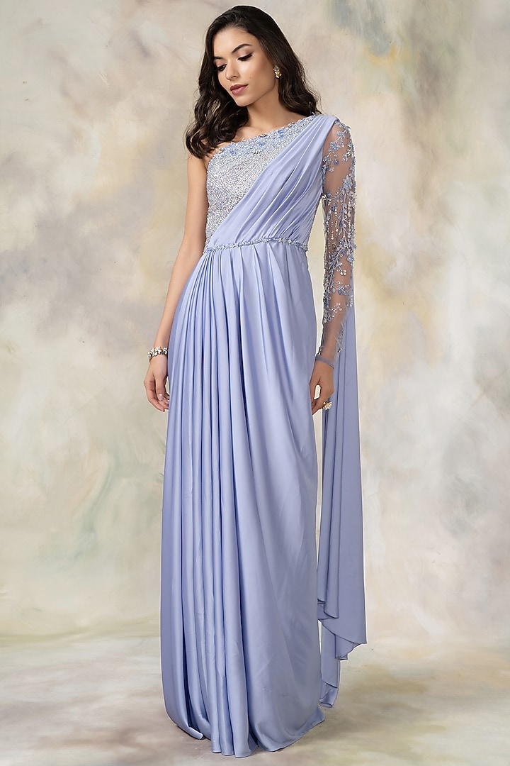 Blue Satin Hand Embroidered Draped Engagement Gown by Pooja Peshoria at Pernia's Pop Up Shop