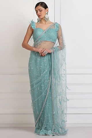 Sea Green Hand Embroidered Saree Set by Pooja Peshoria