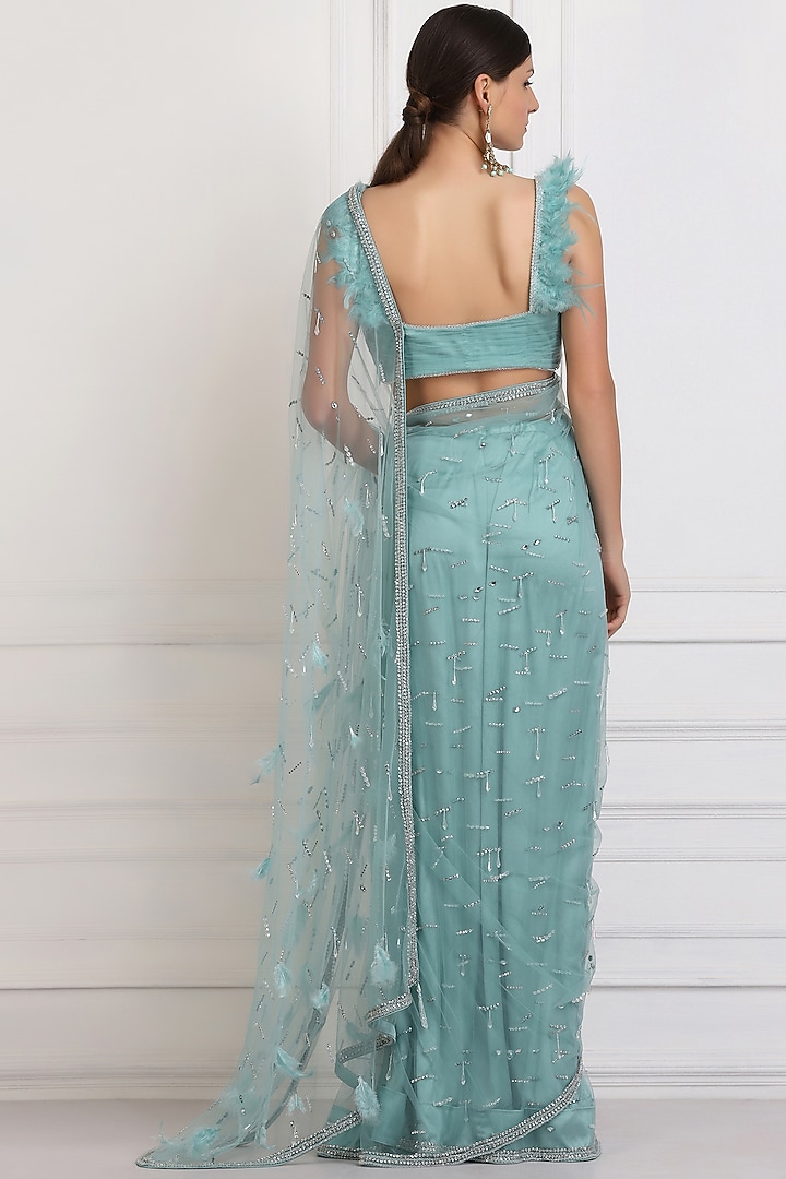 Sea Green Hand Embroidered Wedding Saree Set by Pooja Peshoria at Pernia's Pop Up Shop