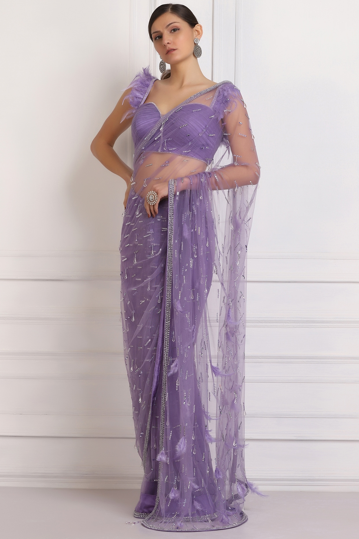 Odette Women Violet Silk Blend Woven Saree With Unstitched Blouse