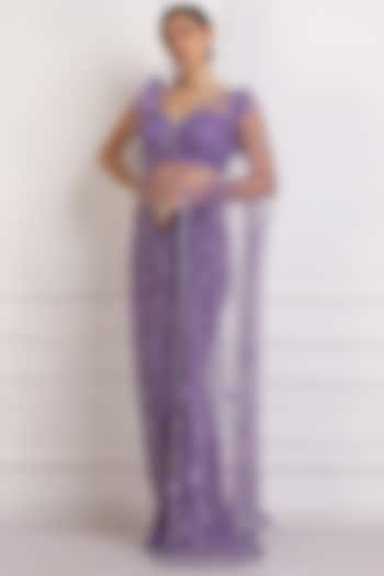 Purple Hand Embroidered Saree Set by Pooja Peshoria