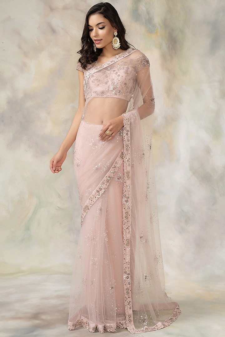 Old Rose Pink Hand Embroidered Saree Set by Pooja Peshoria