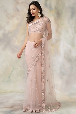 Old Rose Pink Hand Embroidered Saree Set by Pooja Peshoria