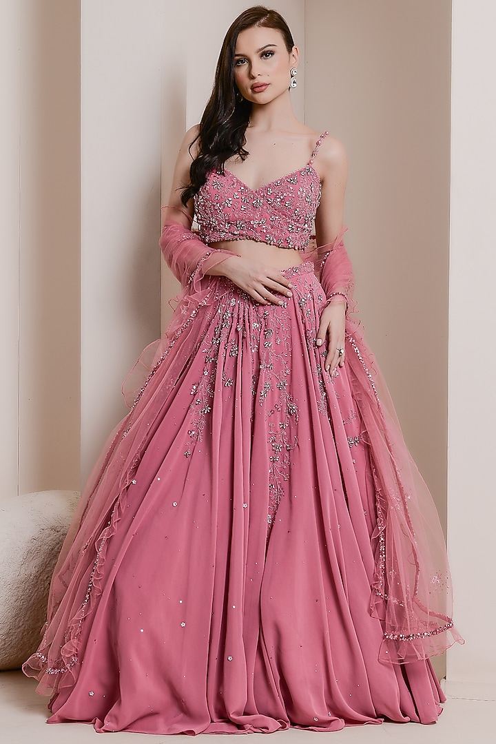 Pink Aari Embroidered Lehenga Set by Pooja Peshoria