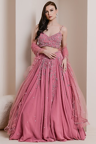 Pink Aari Embroidered Lehenga Set by Pooja Peshoria