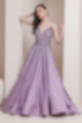 Purple Embroidered Draped Gown by Pooja Peshoria