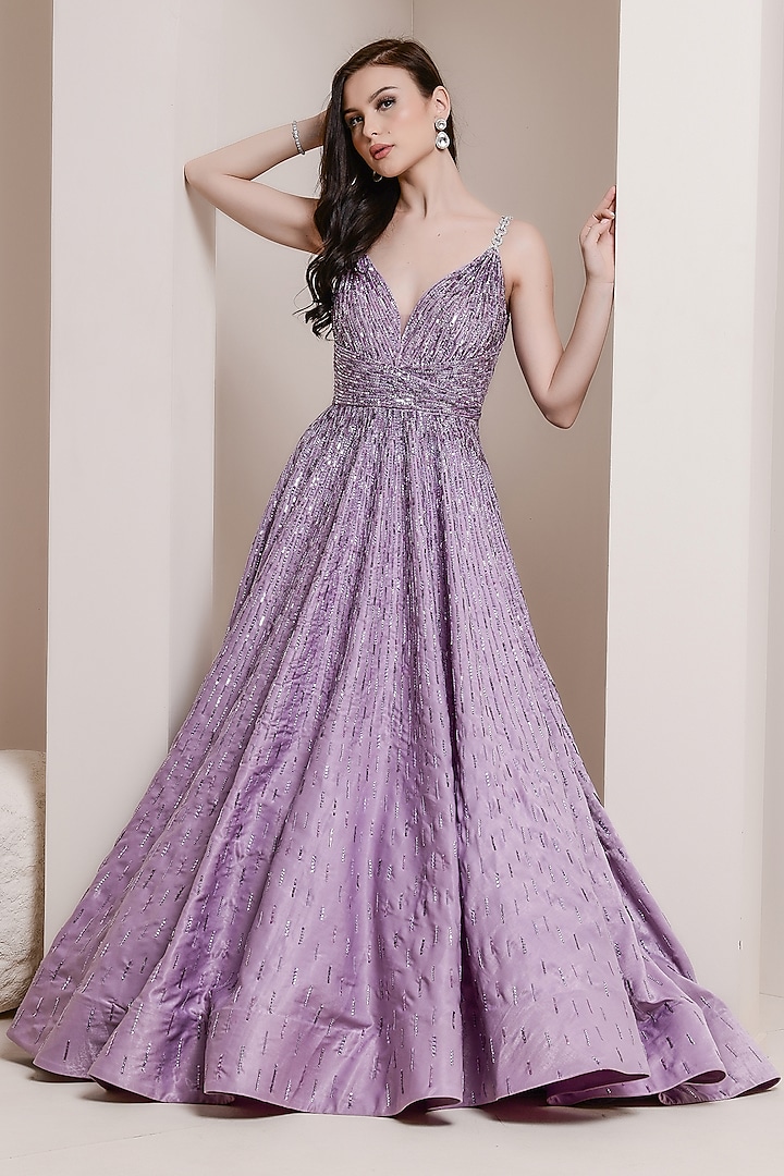 Purple Embroidered Draped Gown by Pooja Peshoria