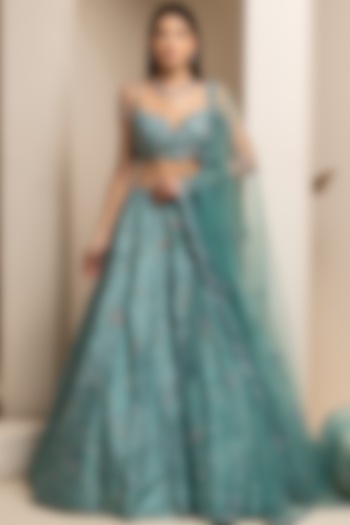 Blue-Green Embroidered Bridal Lehenga Set by Pooja Peshoria at Pernia's Pop Up Shop