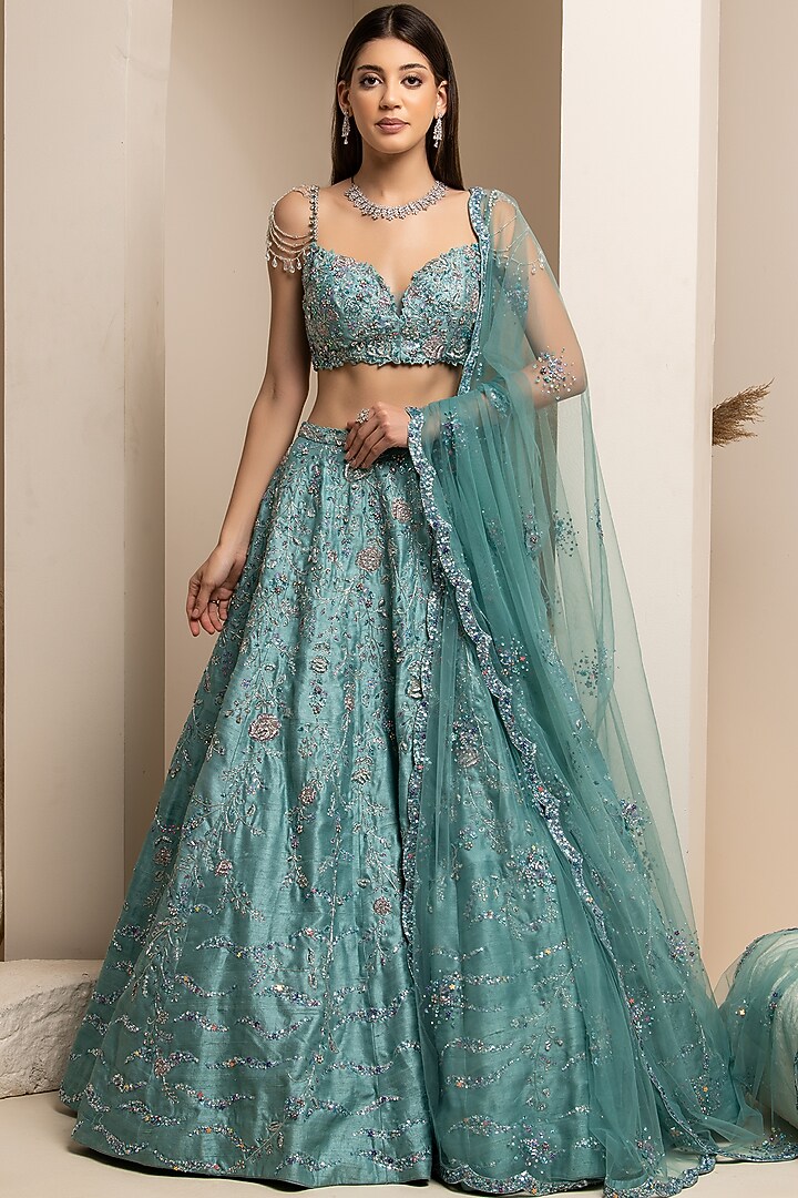 Blue-Green Embroidered Bridal Lehenga Set by Pooja Peshoria at Pernia's Pop Up Shop