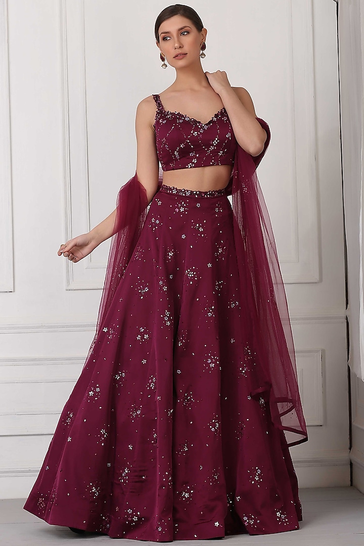 Wine Hand Embroidered Lehenga Set by Pooja Peshoria