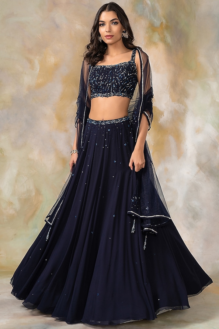 Midnight Blue Embellished Lehenga Set by Pooja Peshoria