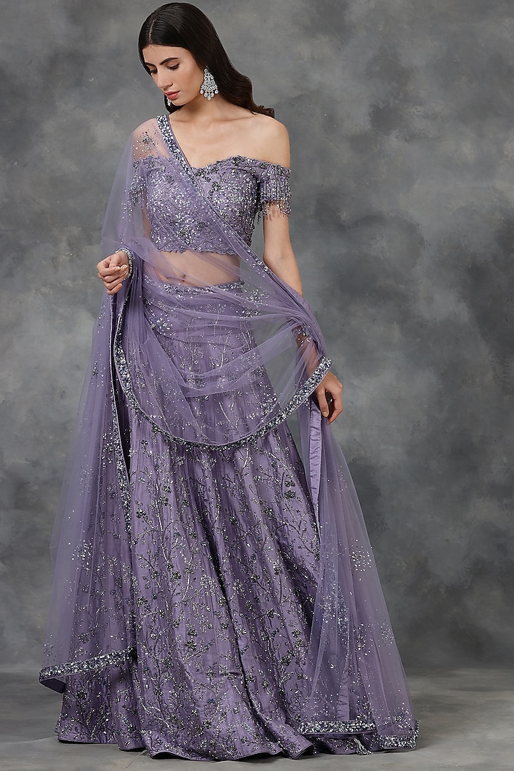 Violet Embellished Lehenga Set by Pooja Peshoria