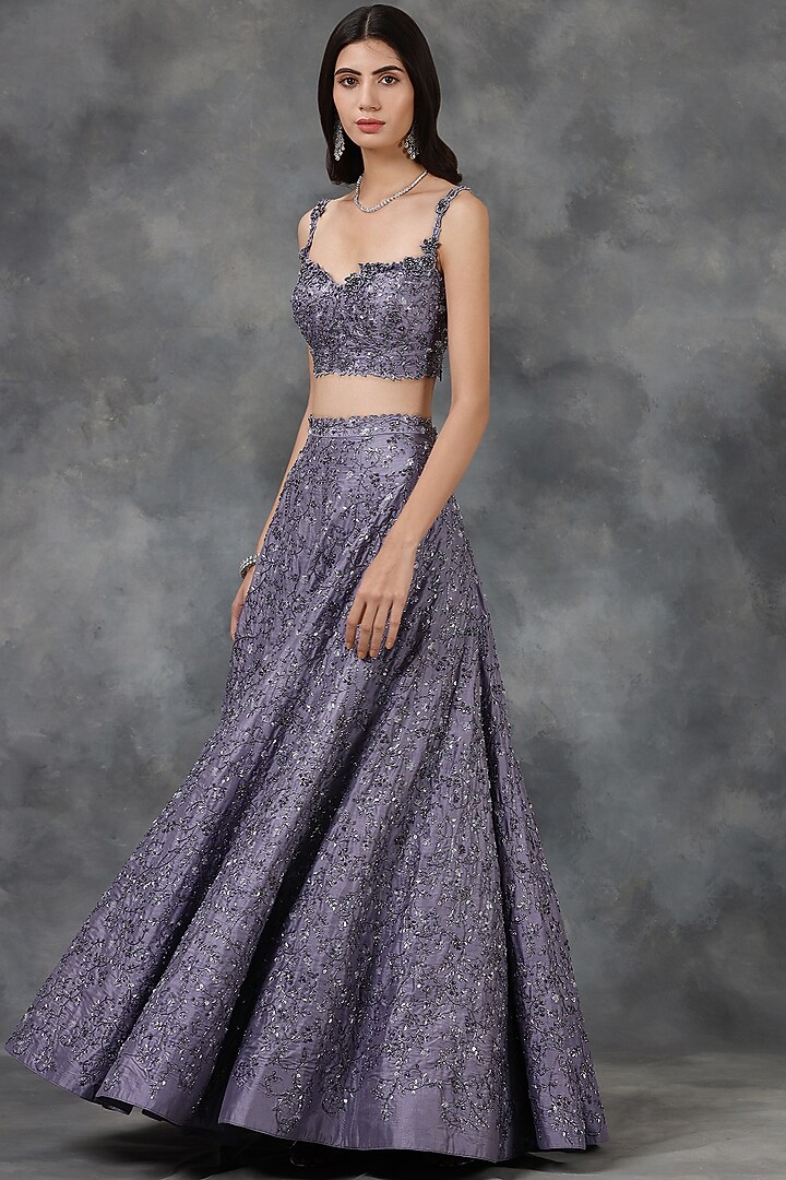 Violet Sequin & Crystal Embellished Bridal Lehenga Set by Pooja Peshoria at Pernia's Pop Up Shop
