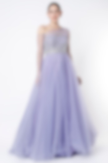 Periwinkle Blue Hand Embroidered One-Shoulder Ball Gown by Pooja Peshoria