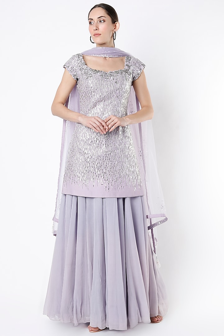 Lavender Grey Embroidered Sharara Set by Pooja Peshoria at Pernia's Pop Up Shop