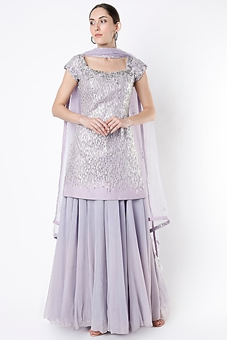 Lavender Grey Embroidered Sharara Set by Pooja Peshoria