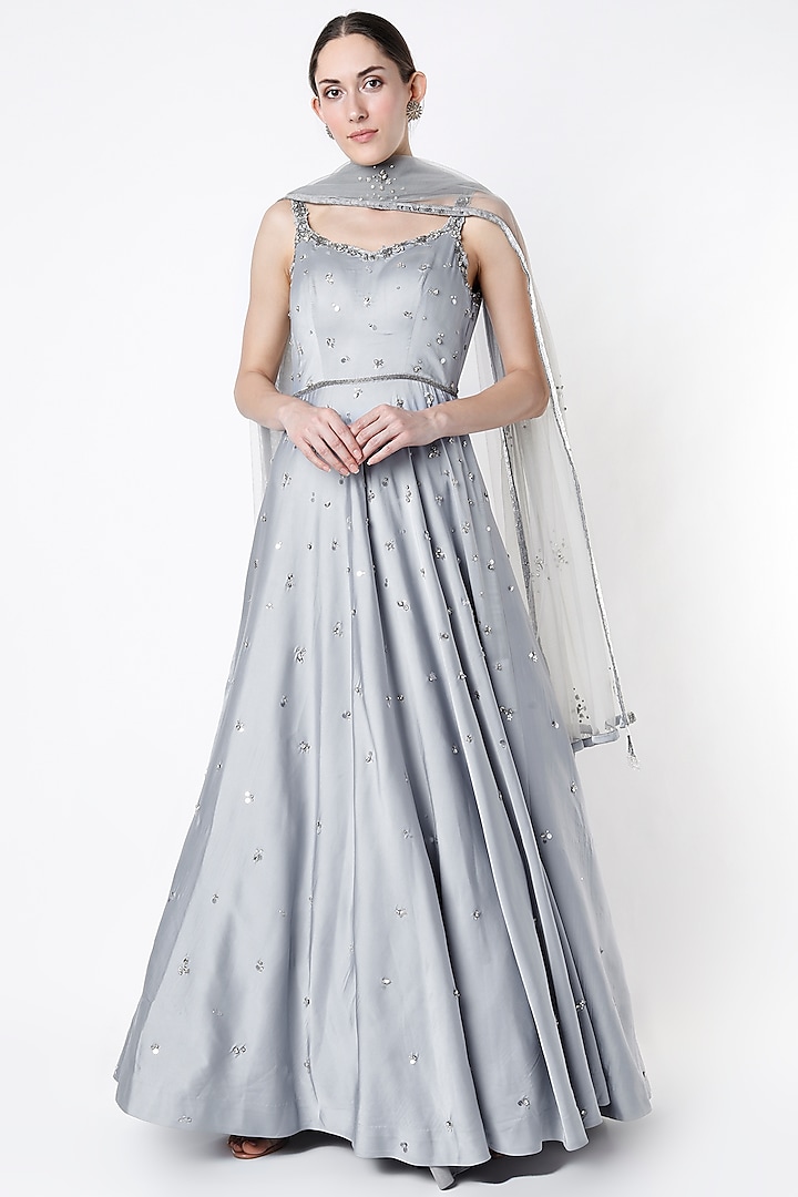 Arctic Grey Embroidered Gown With Dupatta by Pooja Peshoria