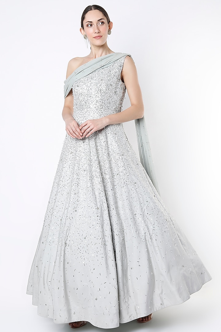 Iceberg Grey Embroidered Gown With Draped Dupatta by Pooja Peshoria