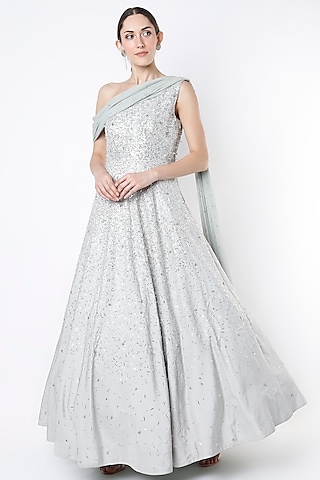 Iceberg Grey Embroidered Gown With Draped Dupatta by Pooja Peshoria
