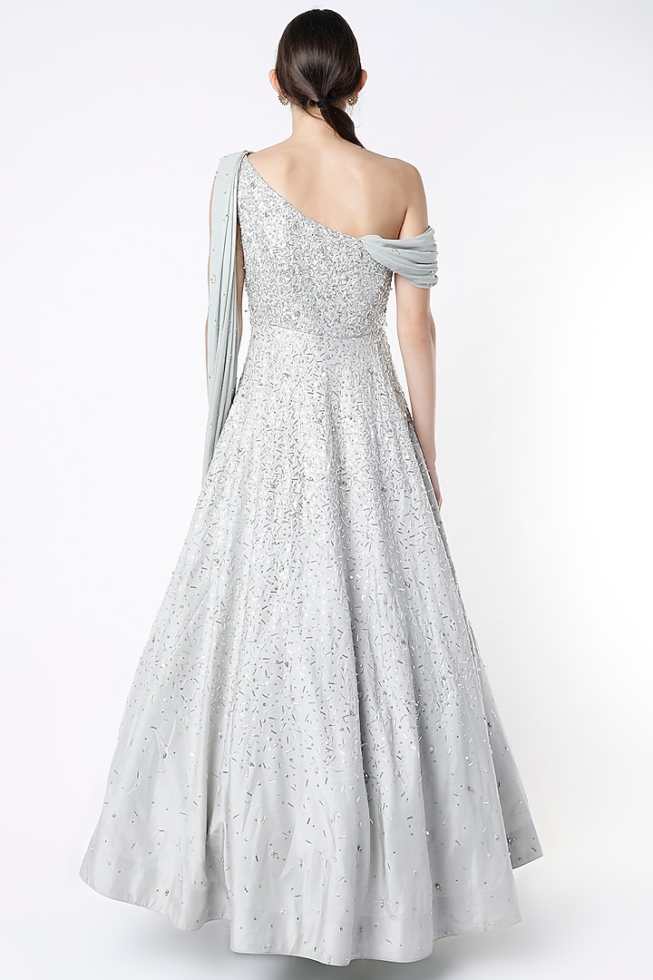 Iceberg Grey Embroidered Gown With Draped Dupatta by Pooja Peshoria at Pernia's Pop Up Shop