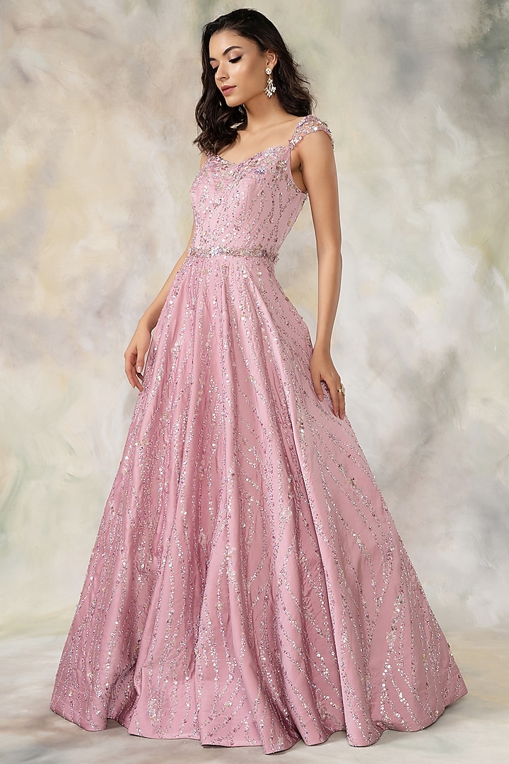 Old Rose Pink Embroidered Gown by Pooja Peshoria