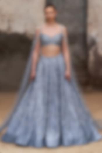 Light Blue Silk & Net Hand Embroidered Bridal Lehenga Set by Pooja Peshoria at Pernia's Pop Up Shop