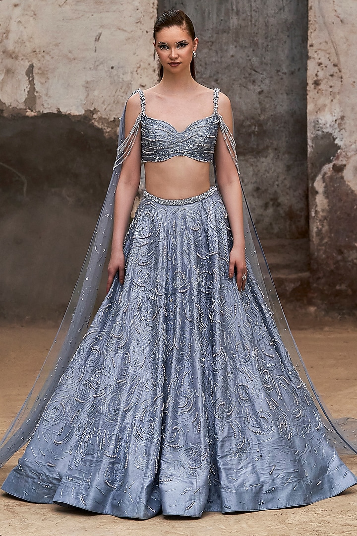 Light Blue Silk & Net Hand Embroidered Bridal Lehenga Set by Pooja Peshoria at Pernia's Pop Up Shop