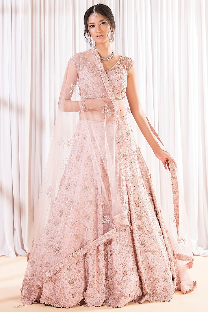 Blush Pink Silk & Net Floral Embellished Bridal Lehenga Set by Pooja Peshoria at Pernia's Pop Up Shop