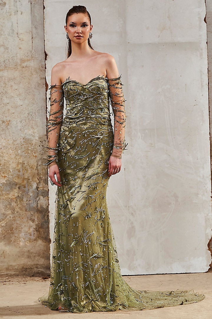 Olive Tulle & Satin Sequins Embroidered Mermaid Gown by Pooja Peshoria
