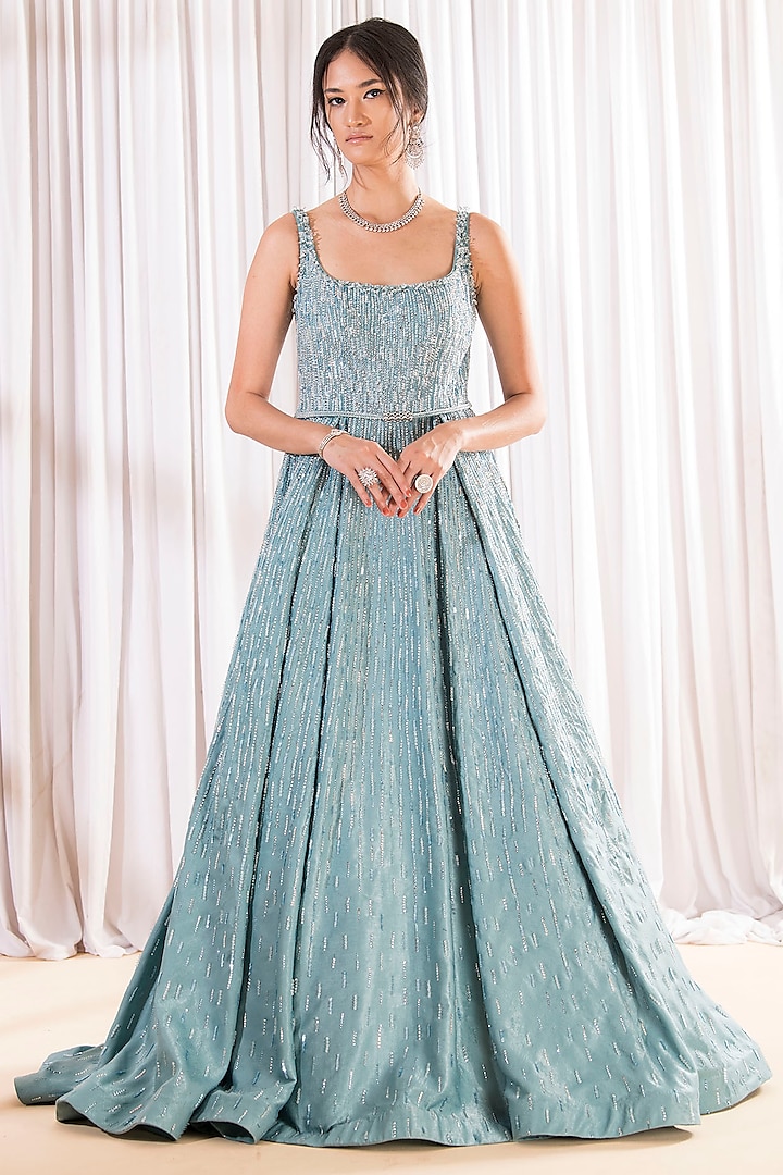 Sea Green Crepe & Net Sequins Embellished Gown With Belt by Pooja Peshoria