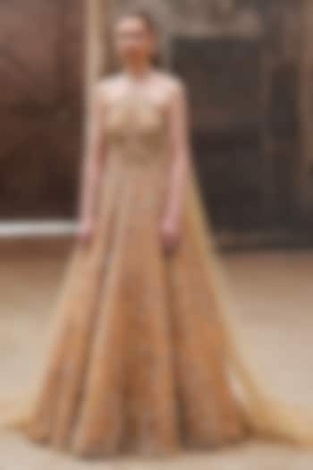 Gold Tulle & Satin Hand Embroidered Gown With Drapes by Pooja Peshoria