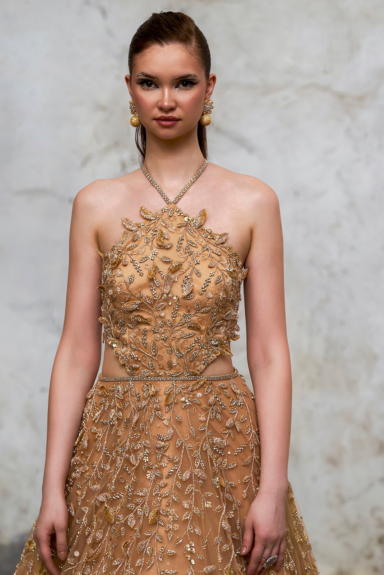 Gold Tulle & Satin Hand Embroidered Gown With Drapes by Pooja Peshoria at  Pernia's Pop Up Shop 2026