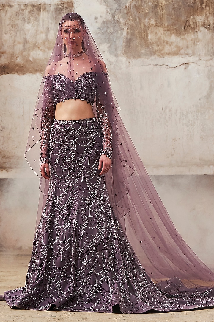 Purple Blended Crepe & Net Hand Embroidered Mermaid Bridal Lehenga Set by Pooja Peshoria at Pernia's Pop Up Shop