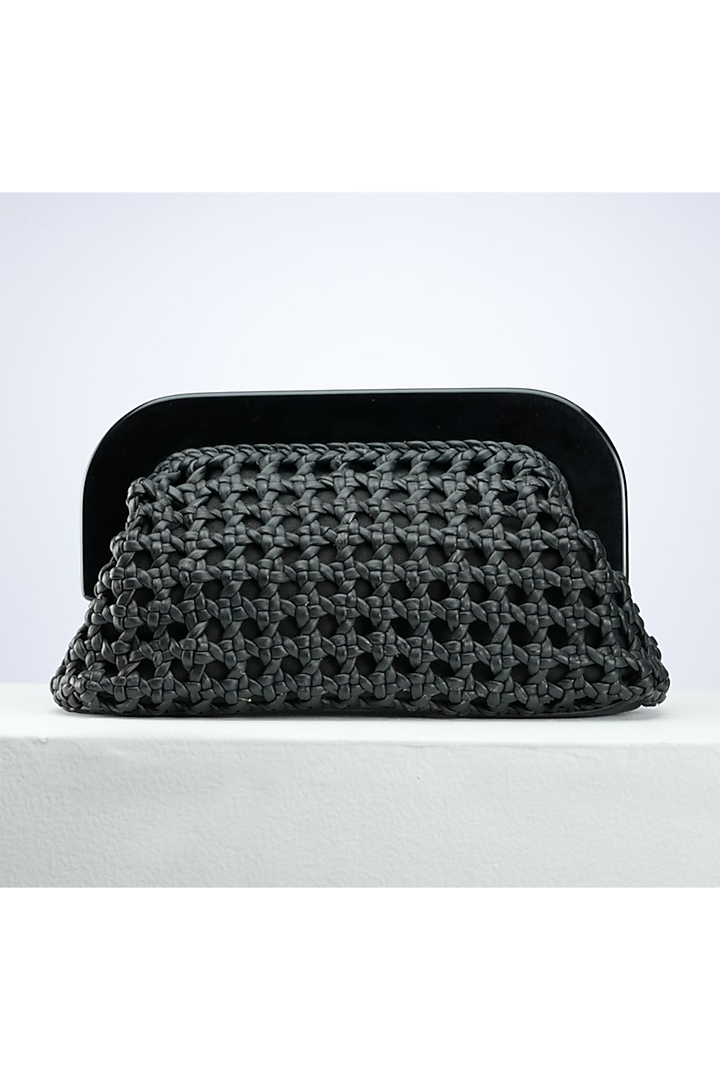 Black Leather Handcrafted Woven Clutch Design by PERONA Accessories at Pernia's Pop Up Shop 2023