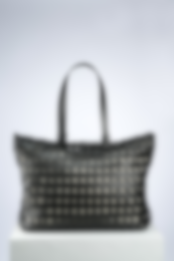 Black Premium Italian Leather Woven Handbag by PERONA Accessories at Pernia's Pop Up Shop