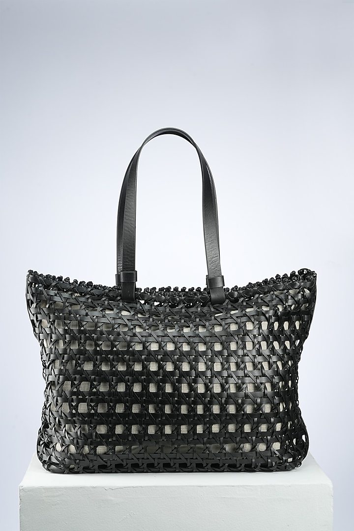 Black Premium Italian Leather Woven Handbag by PERONA Accessories at Pernia's Pop Up Shop