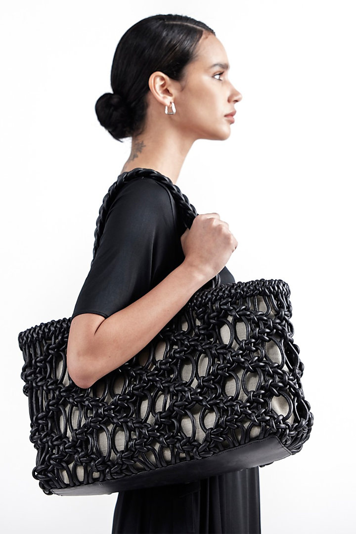 Black Genuine Leather Woven Tote Bag by PERONA Accessories at Pernia's Pop Up Shop