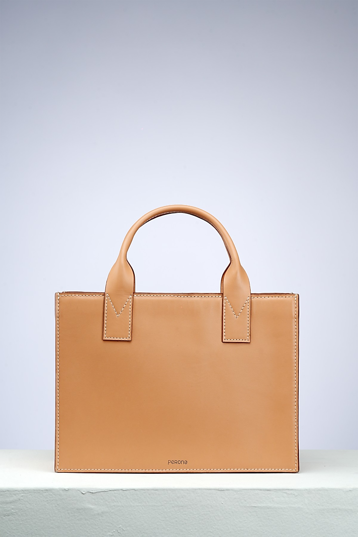 Beige Premium Italian Leather Handbag by PERONA Accessories