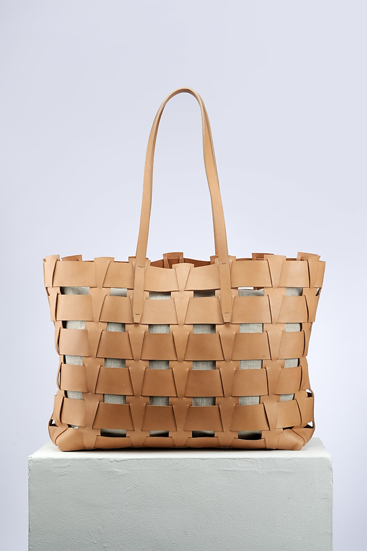 Brown Premium Italian Leather Woven Handbag by PERONA Accessories