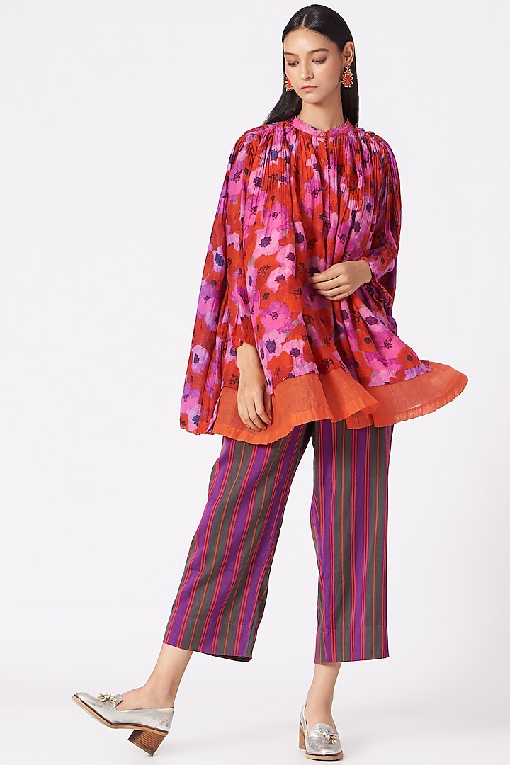 Red & Purple Floral Printed Layered Long Shirt by Pero