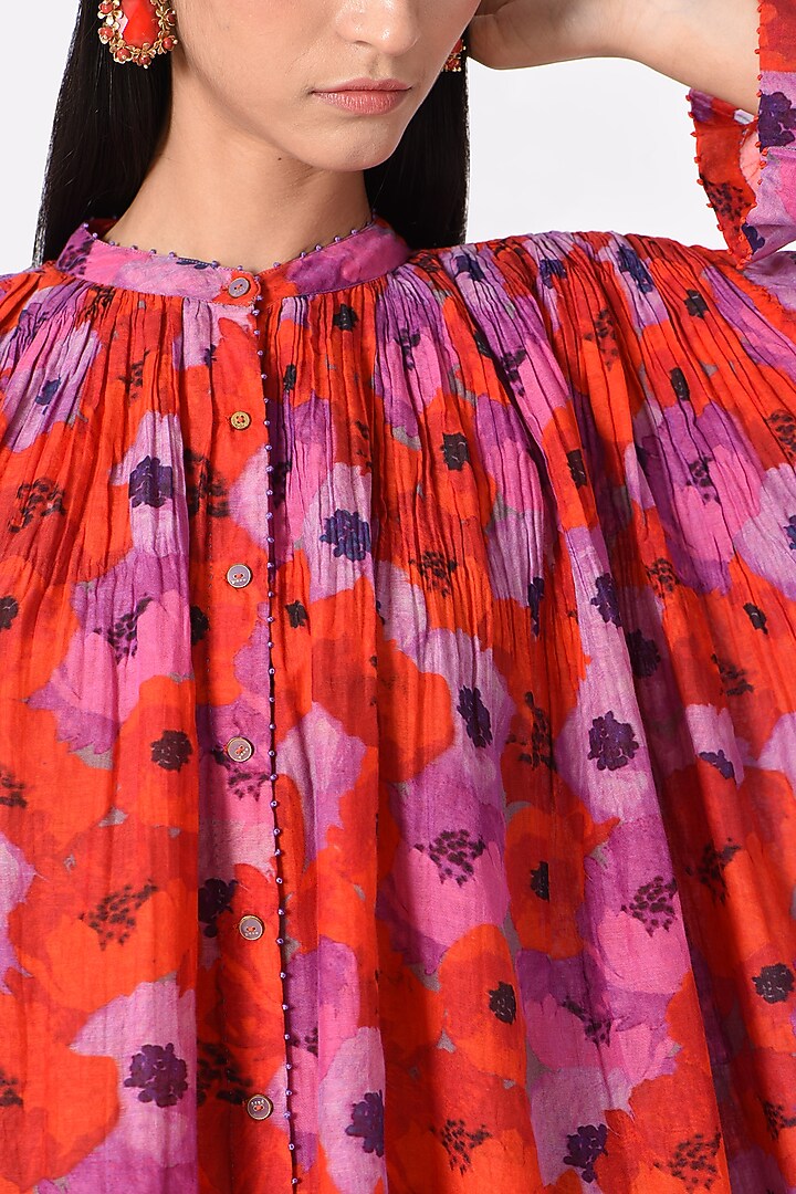 Red & Purple Floral Printed Layered Long Shirt by Pero at Pernia's Pop Up Shop