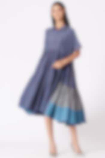 Grey & Blue Checkered Handwoven Party Wear Dress by Pero at Pernia's Pop Up Shop